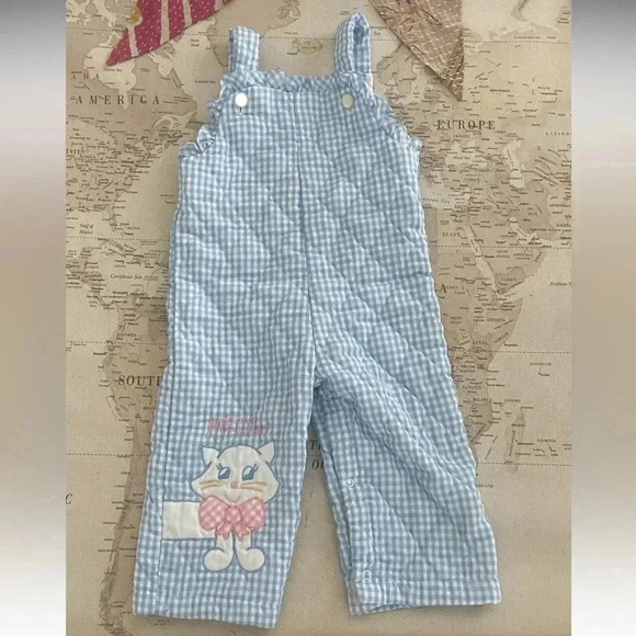 Vintage Other - Vintage Tiny Tots Blue Gingham Embroidered Cat Overall Romper 24Mo